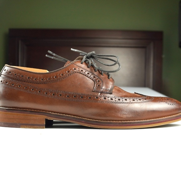 Johnston Murphy Men 10.5 Conard Mahogany Calf Skin Wingtip Oxford Shoes Cap Toe - Picture 10 of 16